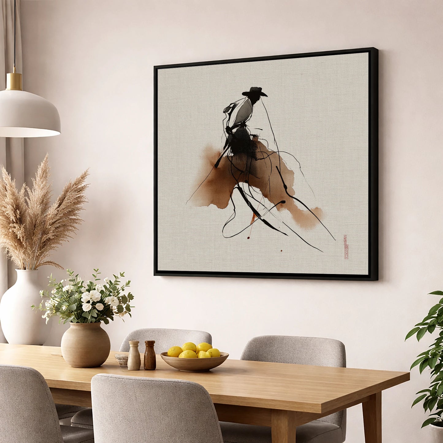 The Sepia Rider western horse wall art displayed in a dining room