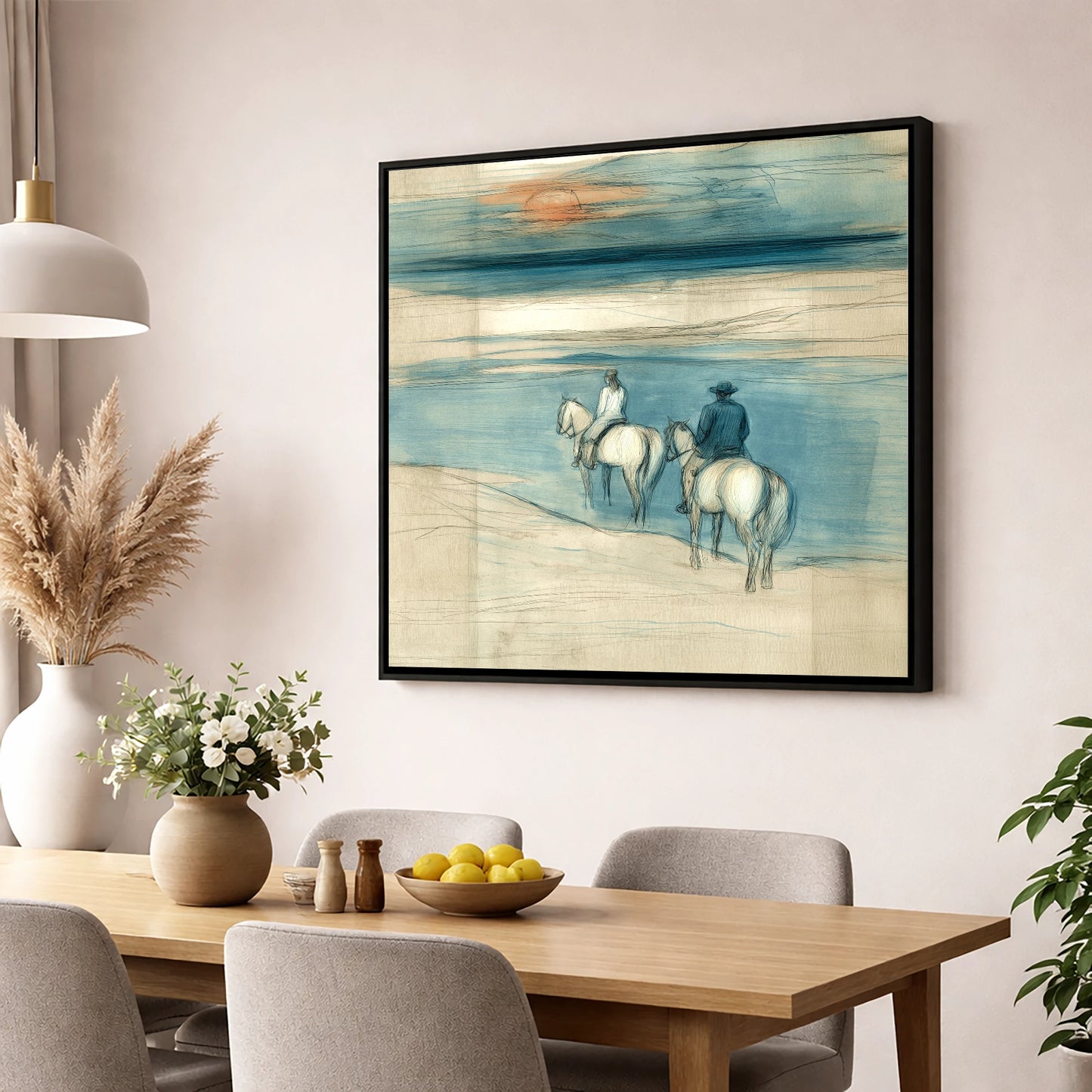 Twilight Shoreline Ride horse landscape wall art displayed in a dining room