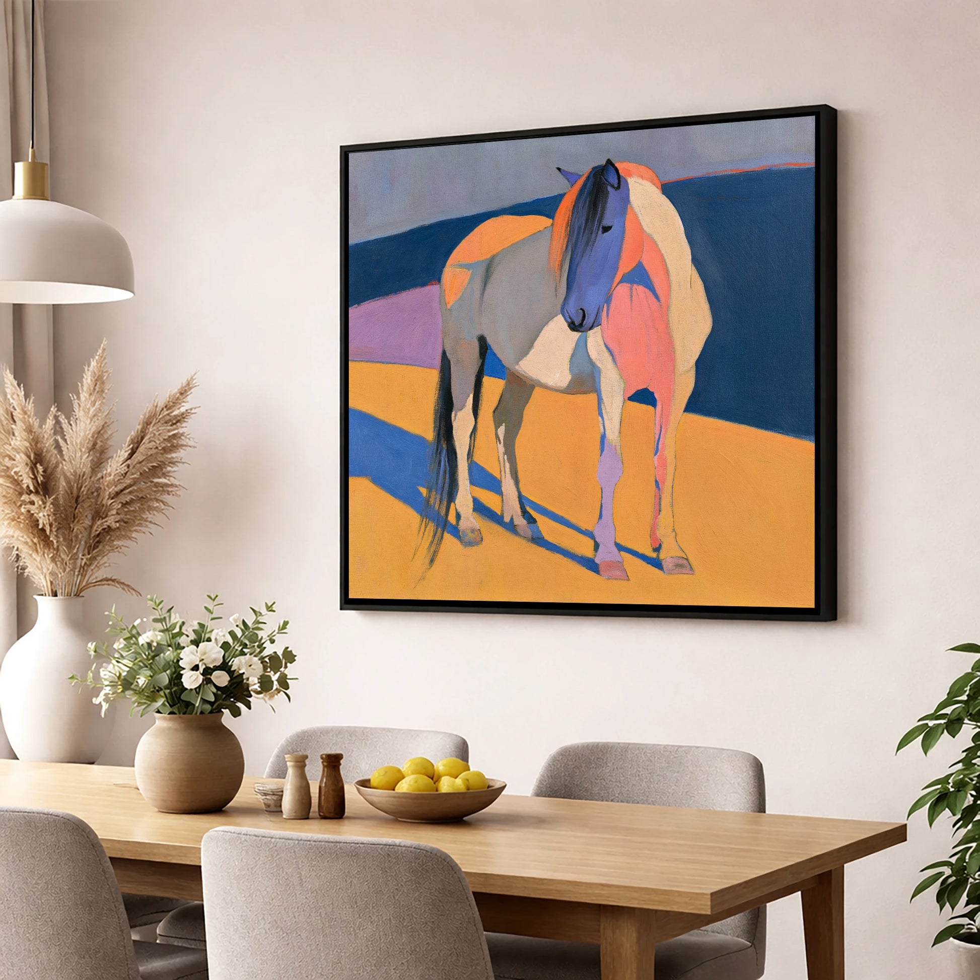 Vibrant Colour Block Standing Horse horse breed wall art displayed in a dining room