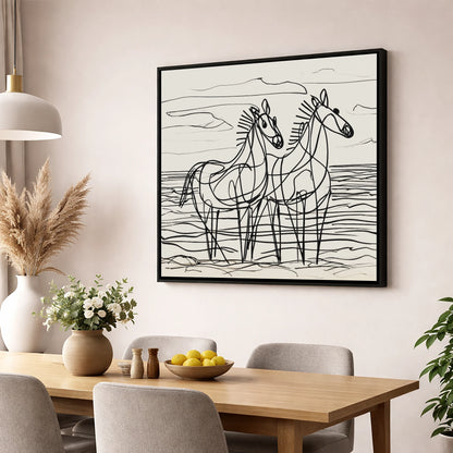 Linear Equine Companions horse landscape wall art displayed in a dining room