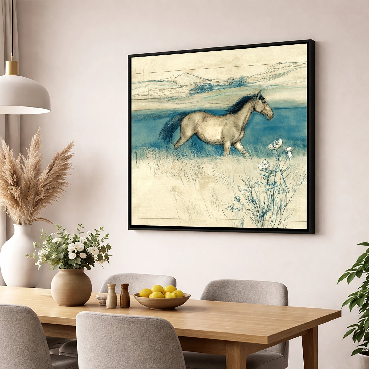 Teal Horizon Canter horse landscape wall art displayed in a dining room