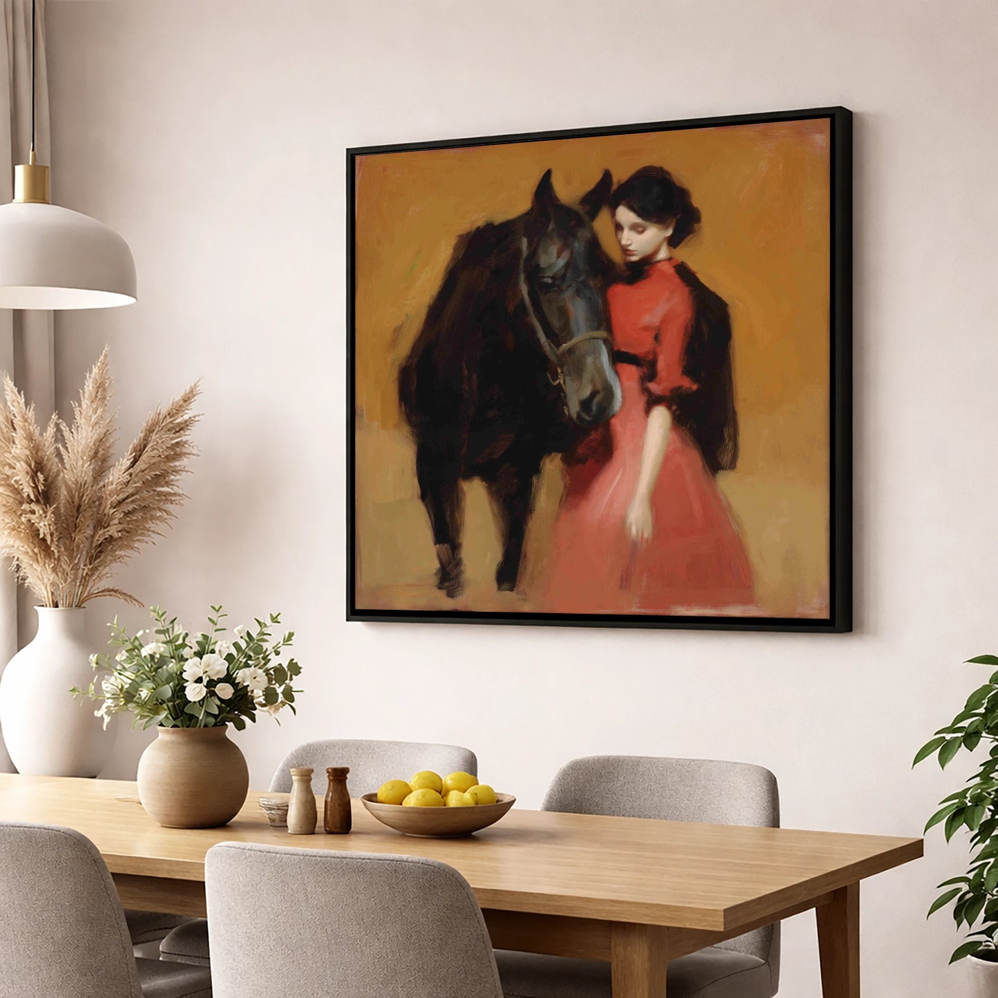 Crimson and Shadow horse & rider wall art displayed in a dining room