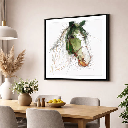 Verdant Equine Gaze horse breed wall art displayed in a dining room