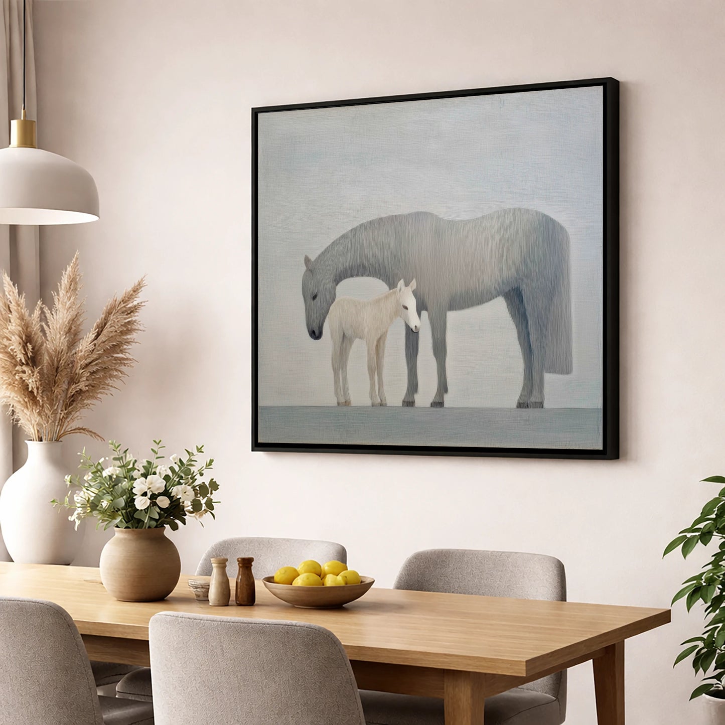 Ethereal Bond mare & foal wall art displayed in a dining room