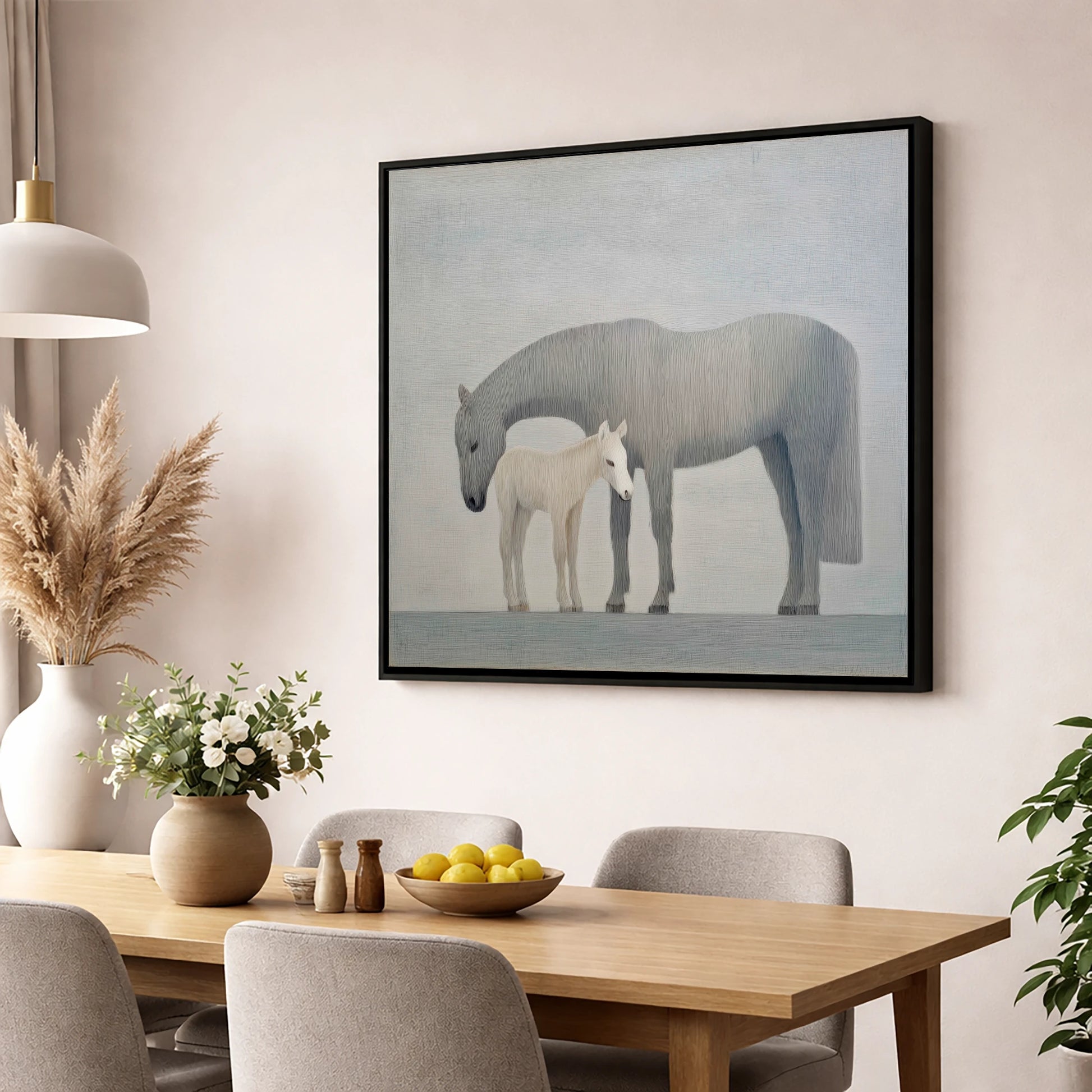 Ethereal Bond mare & foal wall art displayed in a dining room