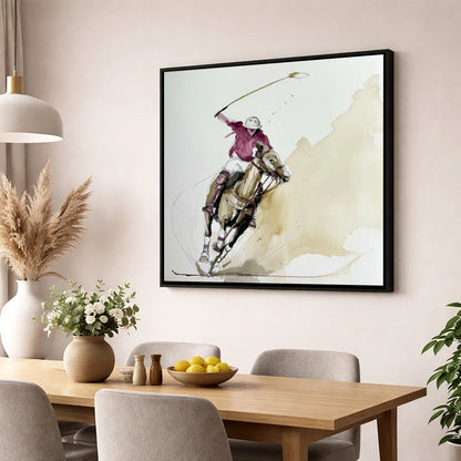 The Decisive Swing polo horse wall art displayed in a dining room