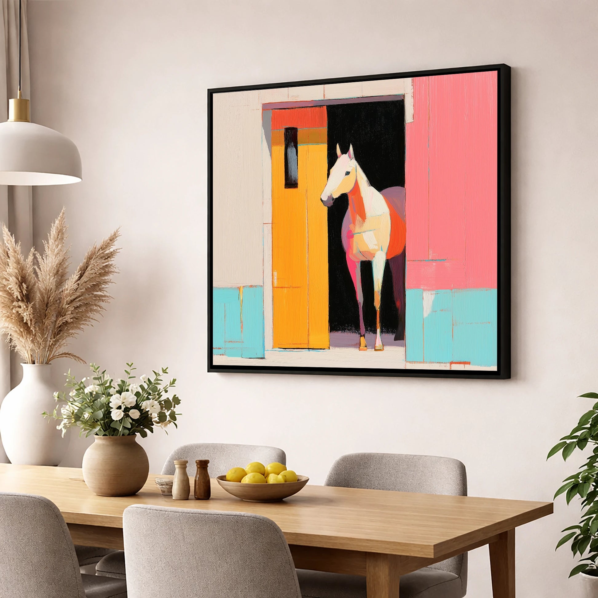 Vibrant Stable Doorway horse stable wall art displayed in a dining room
