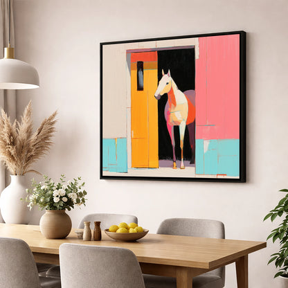 Vibrant Stable Doorway horse stable wall art displayed in a dining room