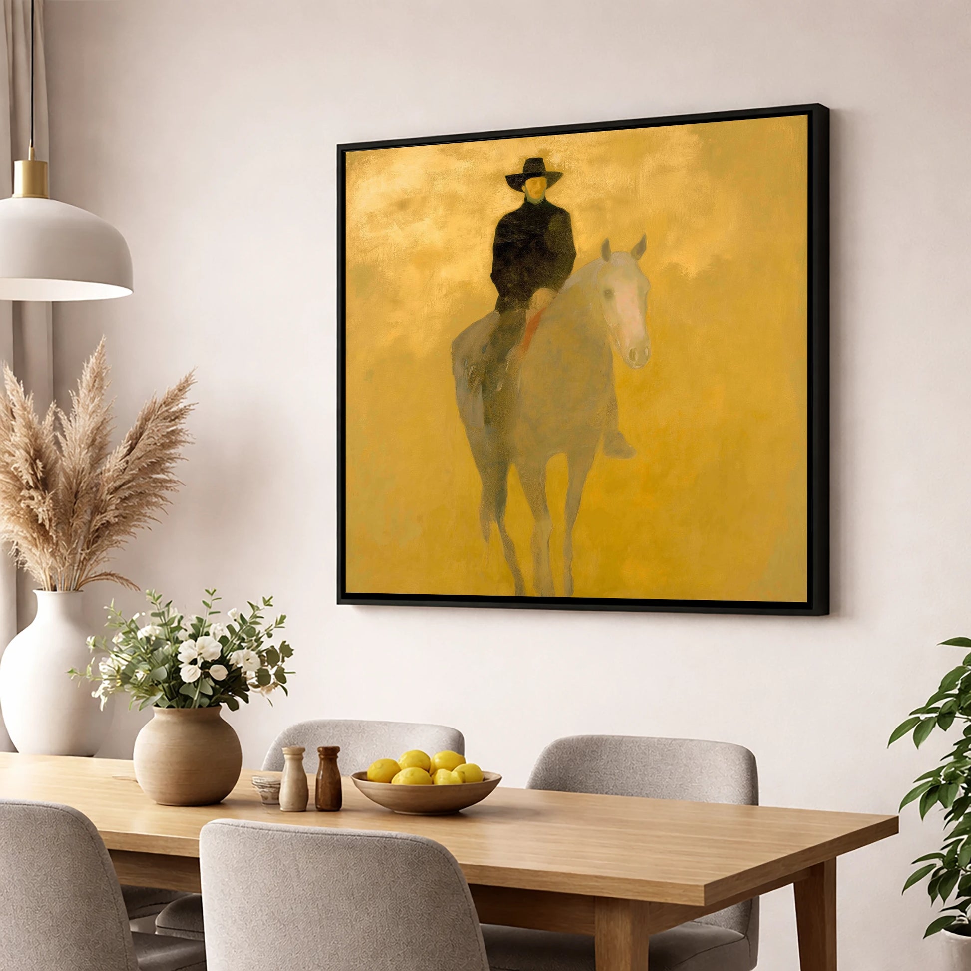 The Golden Trail western horse wall art displayed in a dining room