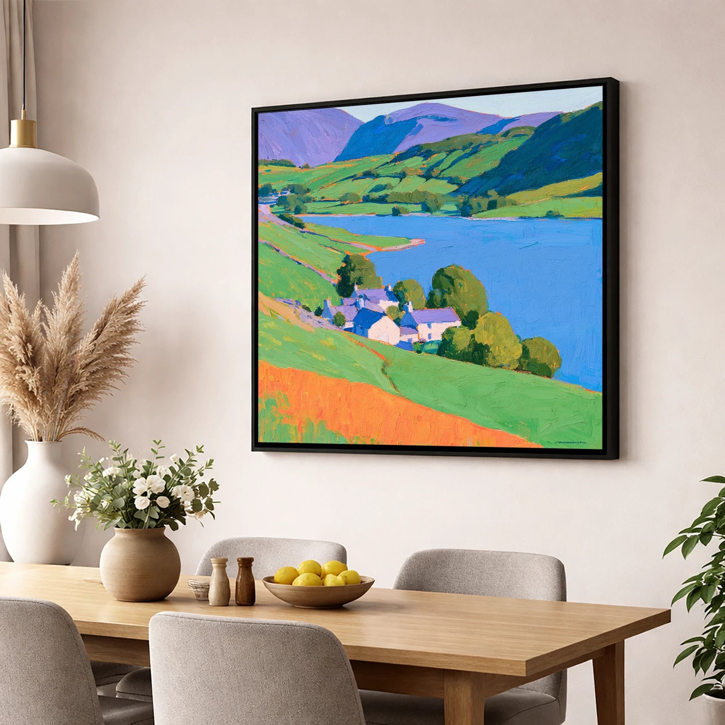 Vibrant Lakeside Valley horse landscape wall art displayed in a dining room