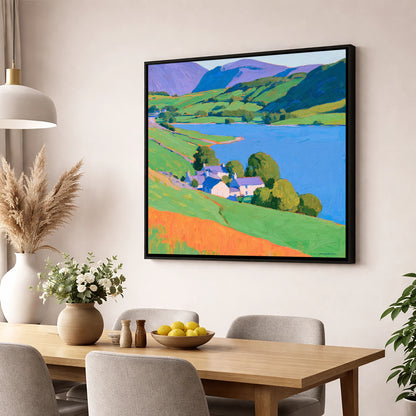 Vibrant Lakeside Valley horse landscape wall art displayed in a dining room