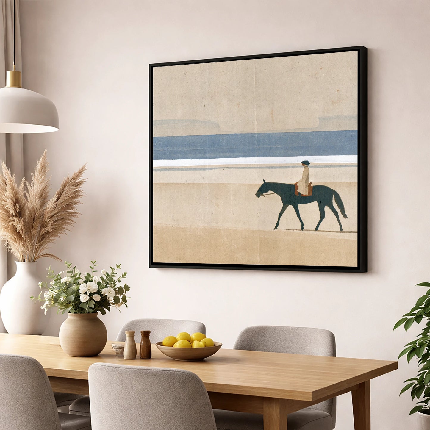 Tide Line Tranquillity beach horse wall art displayed in a dining room