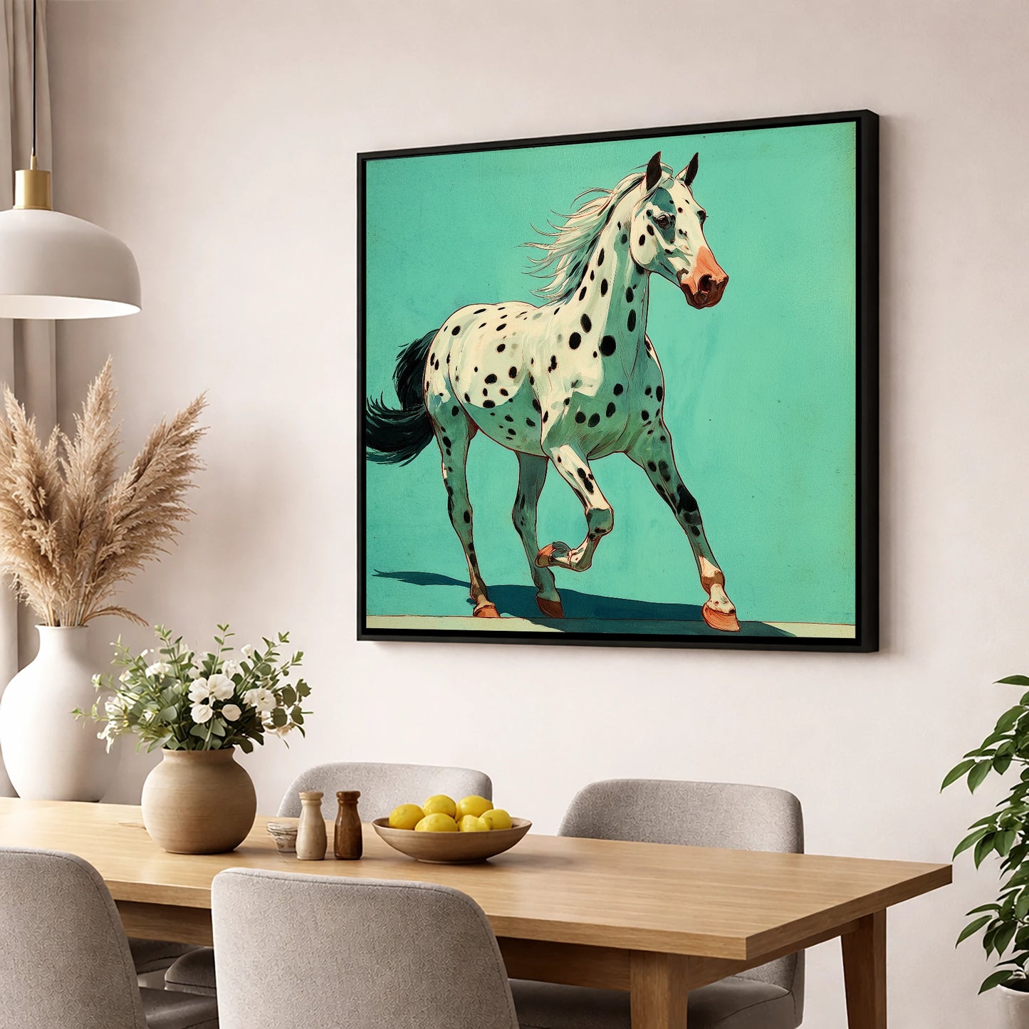 Teal Leopard Appaloosa horse breed wall art displayed in a dining room