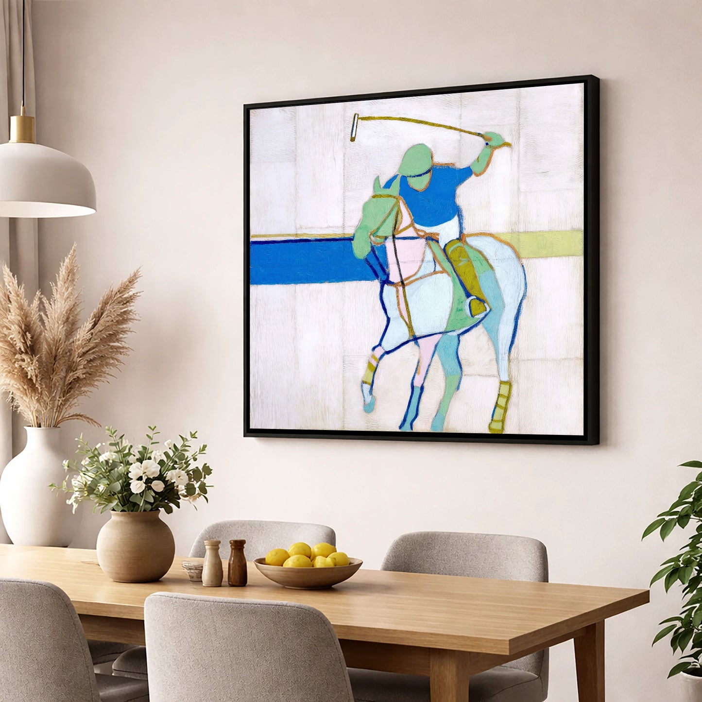 Mid-Swing Momentum polo horse wall art displayed in a dining room