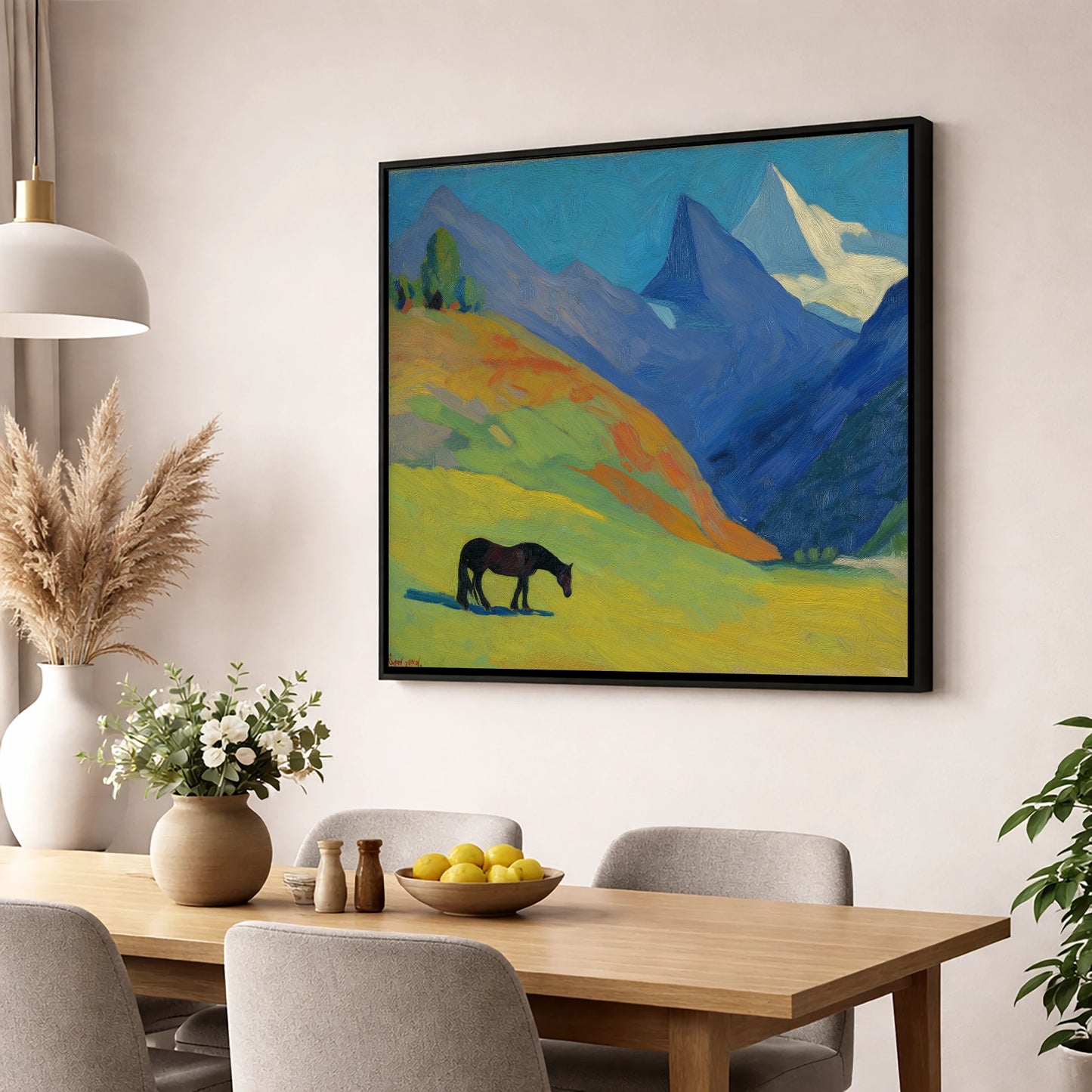 Vibrant Alpine Grazing horse landscape wall art displayed in a dining room