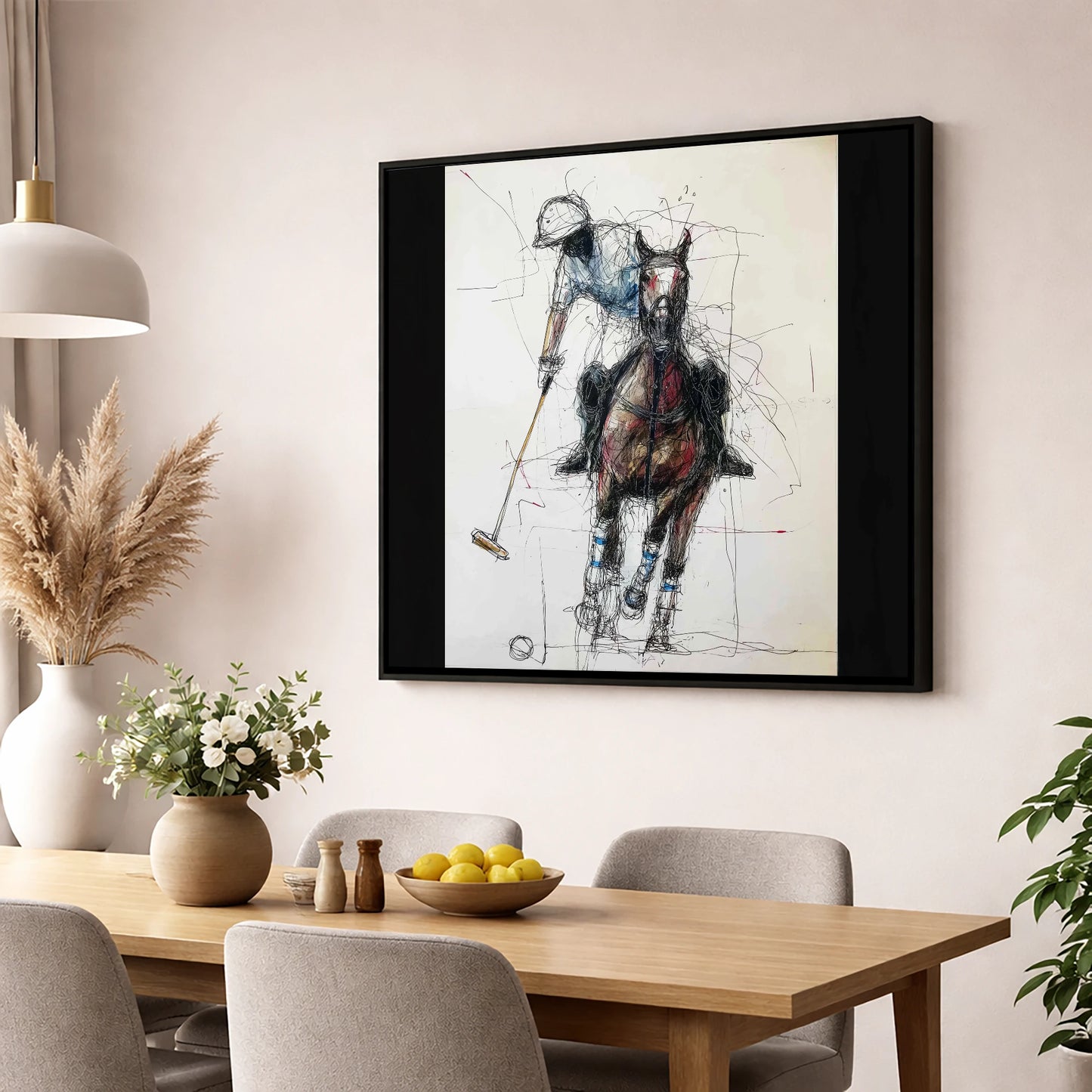 Full Gallop Focus polo horse wall art displayed in a dining room