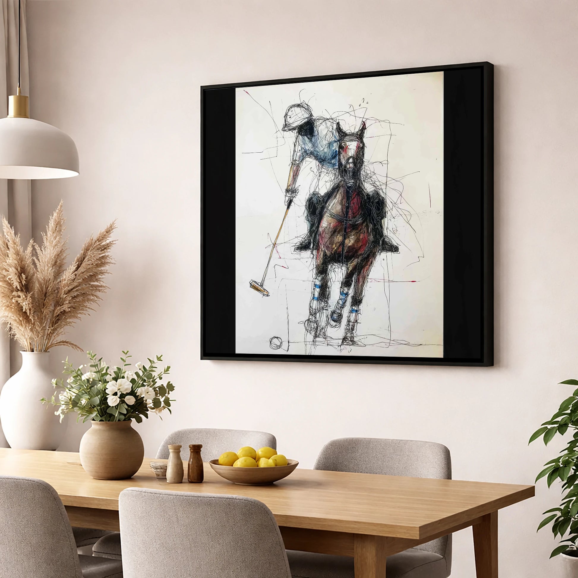 Full Gallop Focus polo horse wall art displayed in a dining room