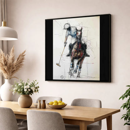 Full Gallop Focus polo horse wall art displayed in a dining room