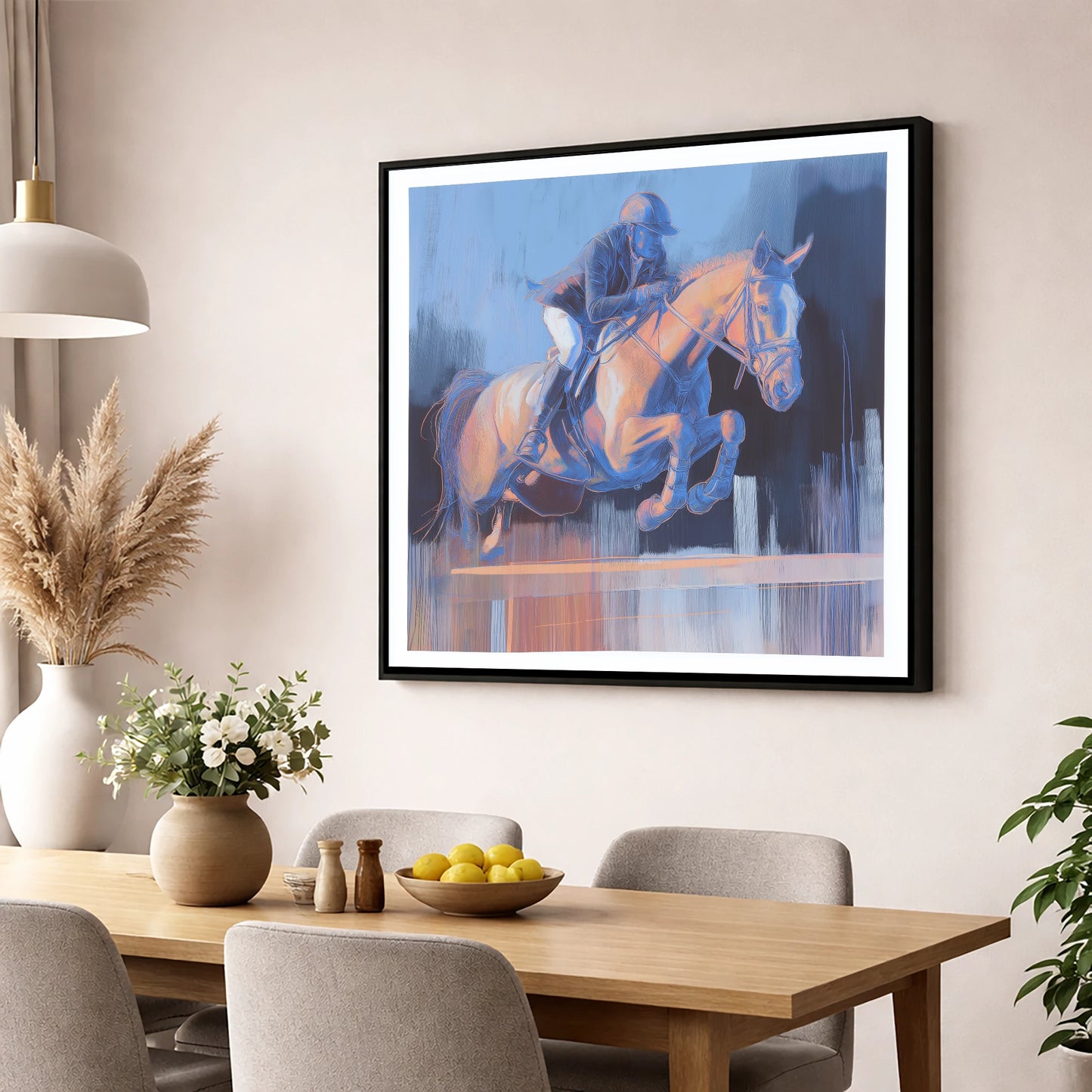 Cobalt Ascent show jumping horse wall art displayed in a dining room