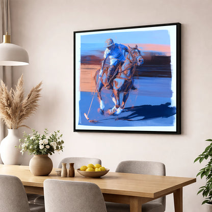 The Cobalt Chukka polo horse wall art displayed in a dining room