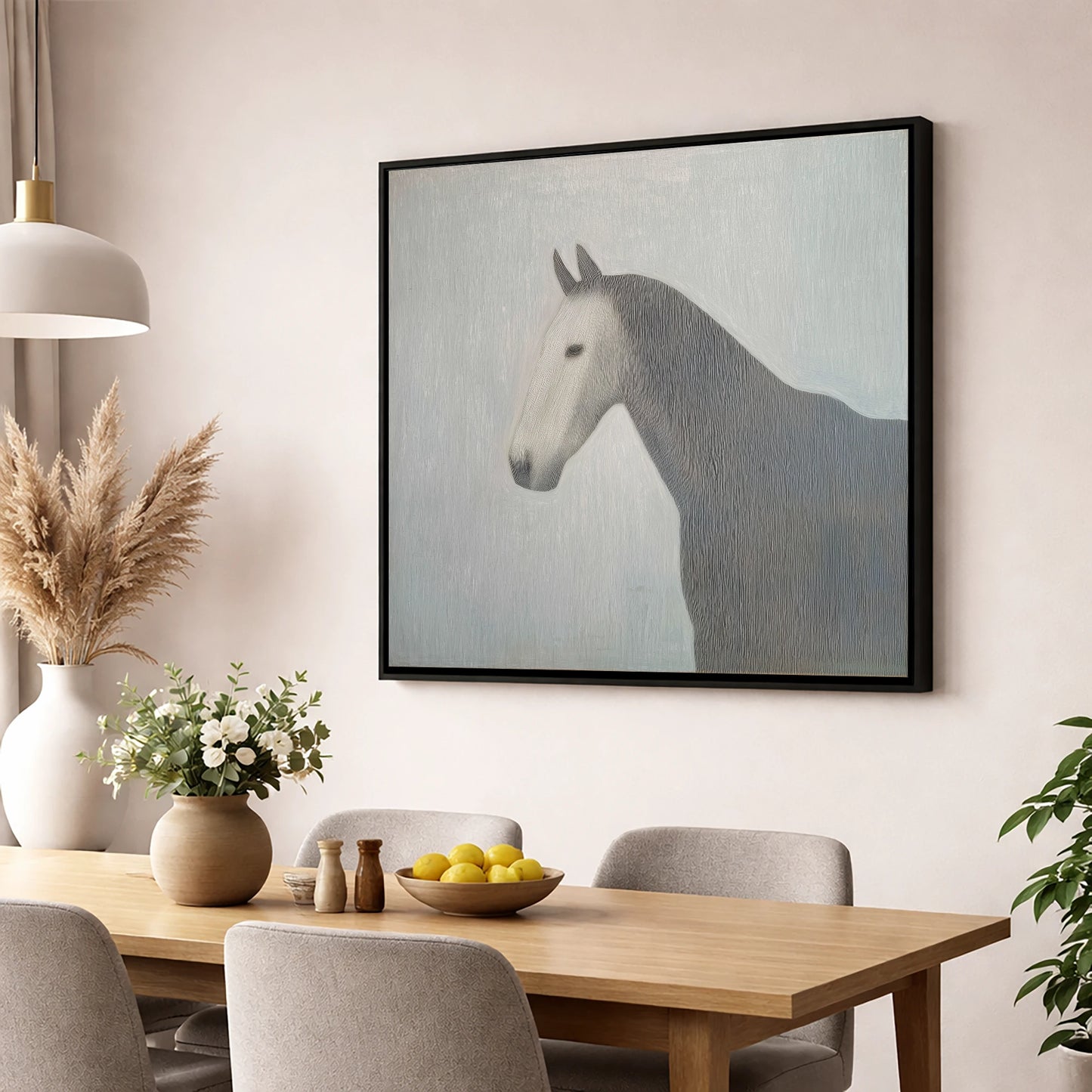Linear Elegance horse portrait wall art displayed in a dining room