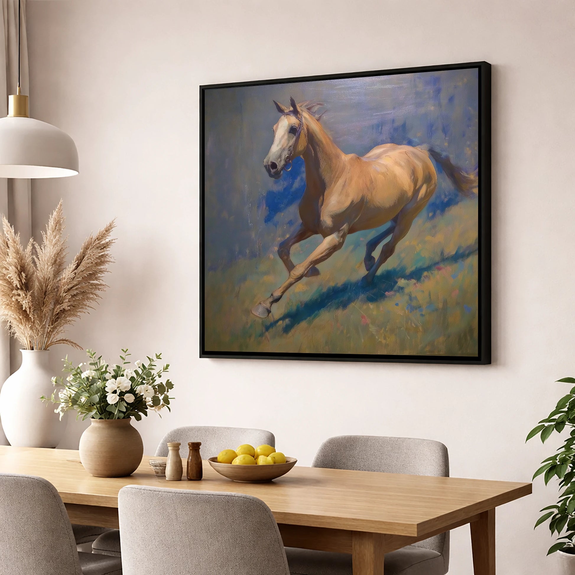 Golden Stride racing horse wall art displayed in a dining room