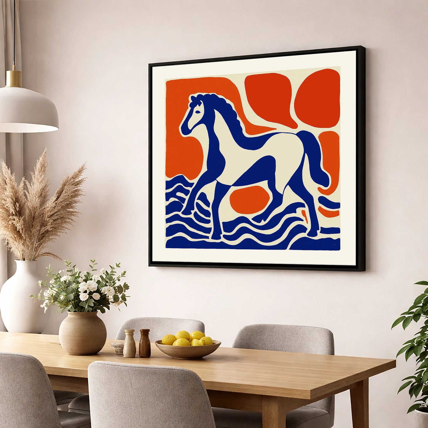 Striding Through Cobalt horse landscape wall art displayed in a dining room
