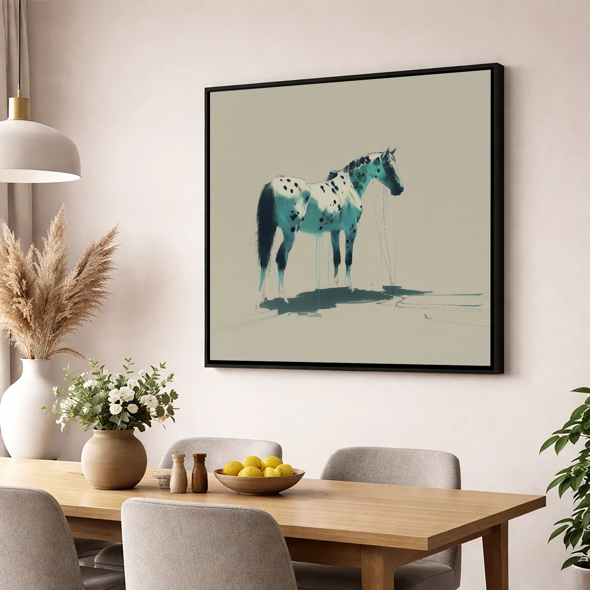 Azure Spotted Appaloosa horse breed wall art displayed in a dining room