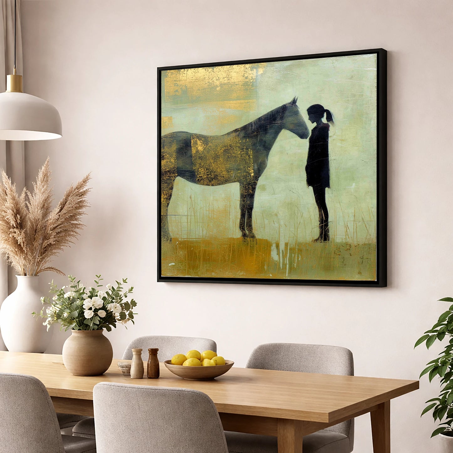 The Golden Bond horse & rider wall art displayed in a dining room