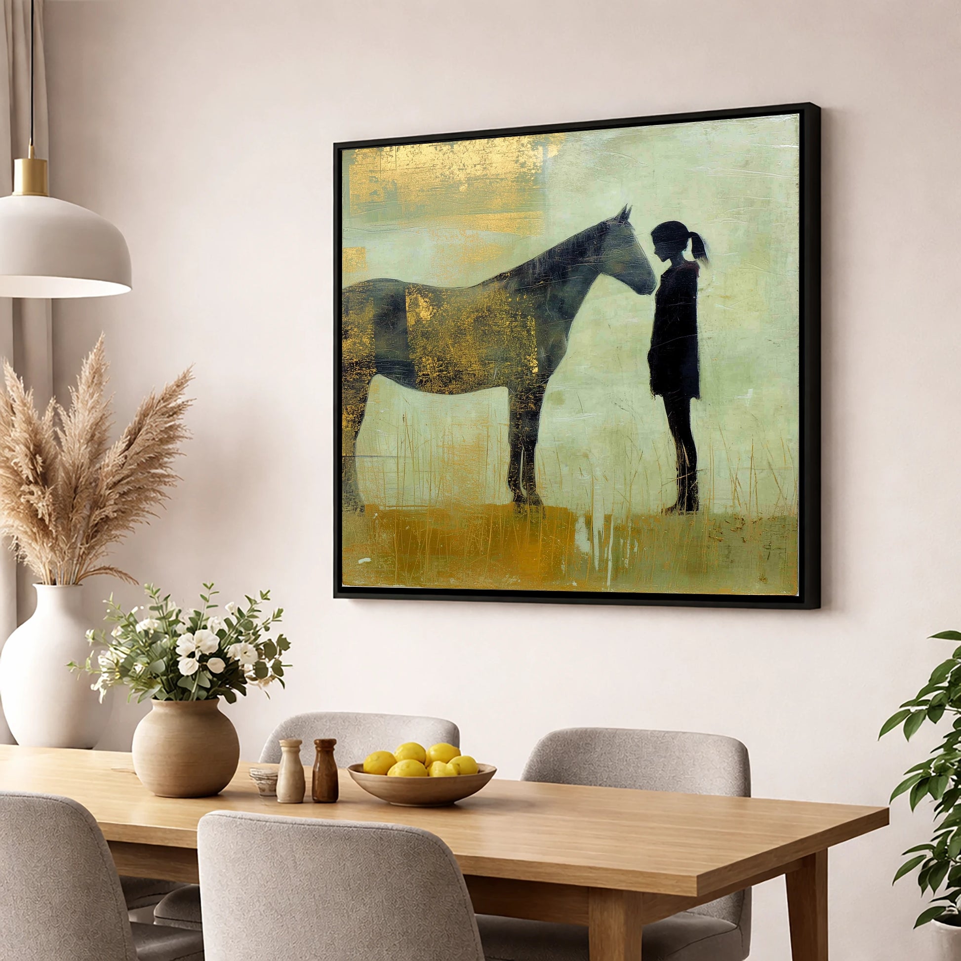 The Golden Bond horse & rider wall art displayed in a dining room