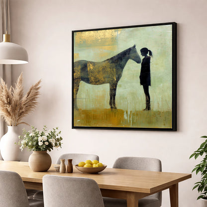 The Golden Bond horse & rider wall art displayed in a dining room