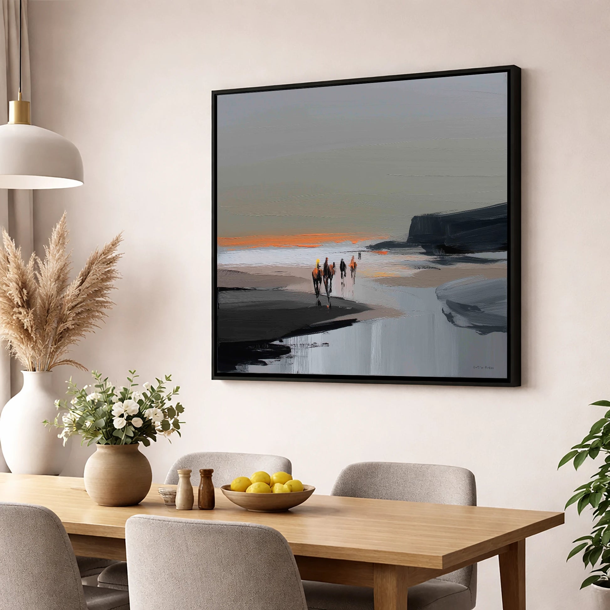 Sunset Coastal Hack horse landscape wall art displayed in a dining room