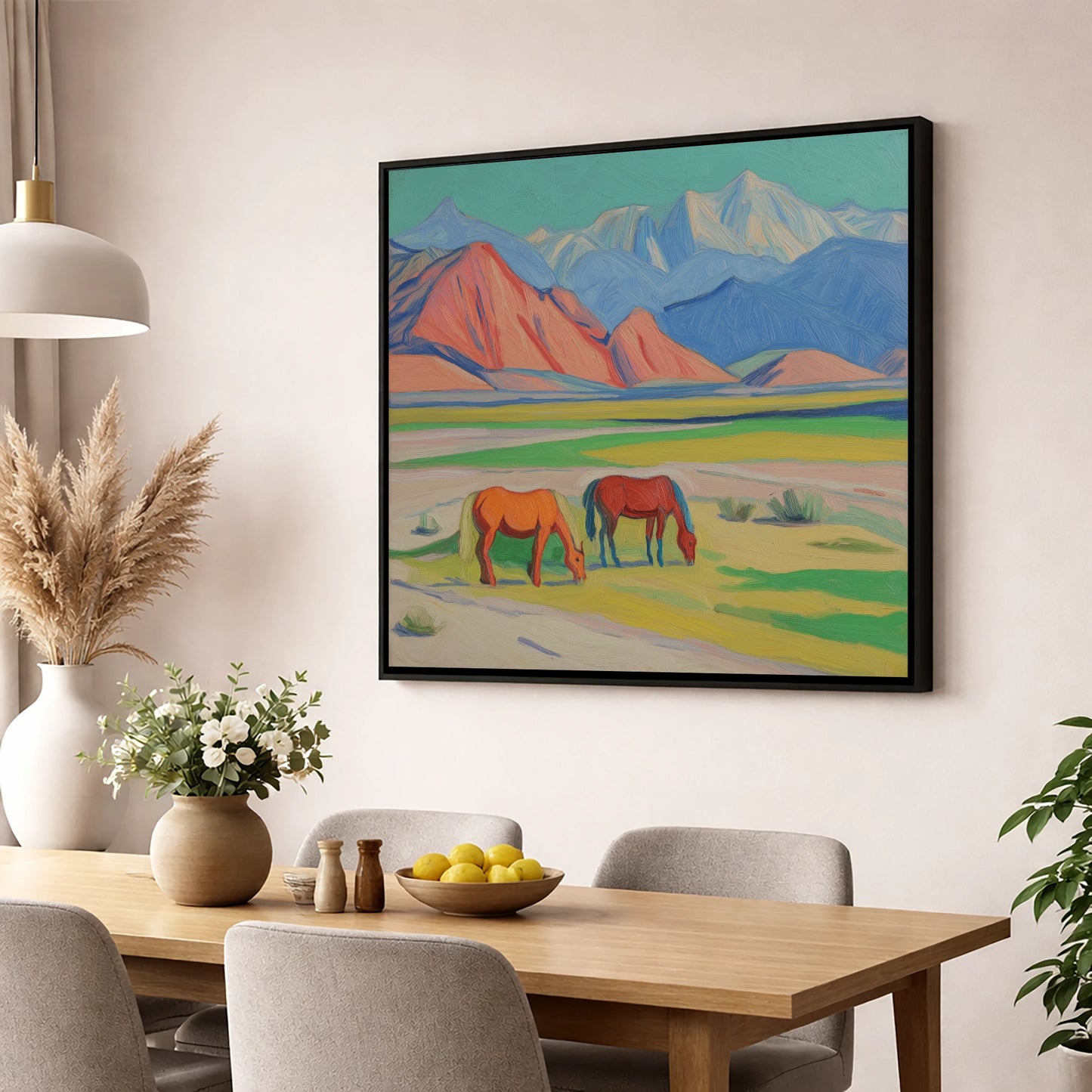 Vibrant Valley Pastures horse landscape wall art displayed in a dining room