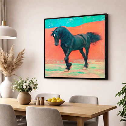 Bold Friesian Rhythm horse breed wall art displayed in a dining room