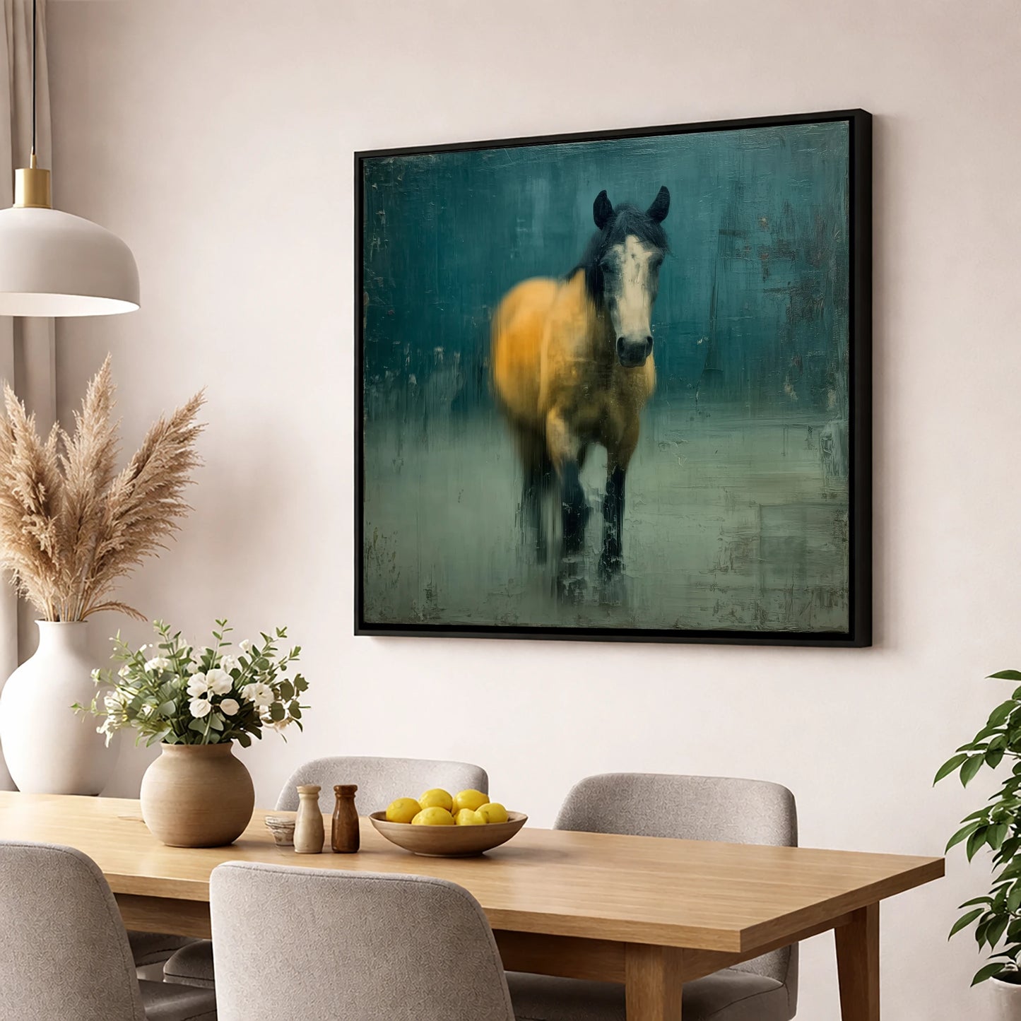 Stepping Through Slate horse portrait wall art displayed in a dining room