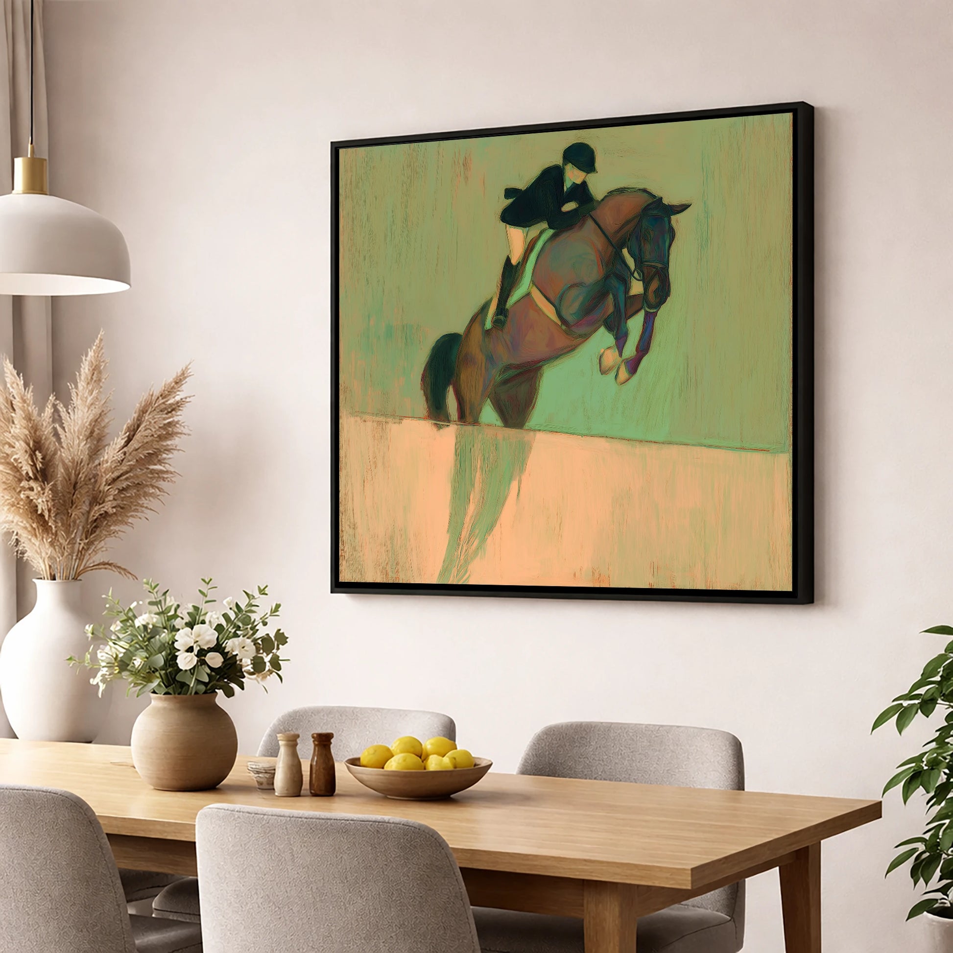 Suspension in Sage show jumping horse wall art displayed in a dining room