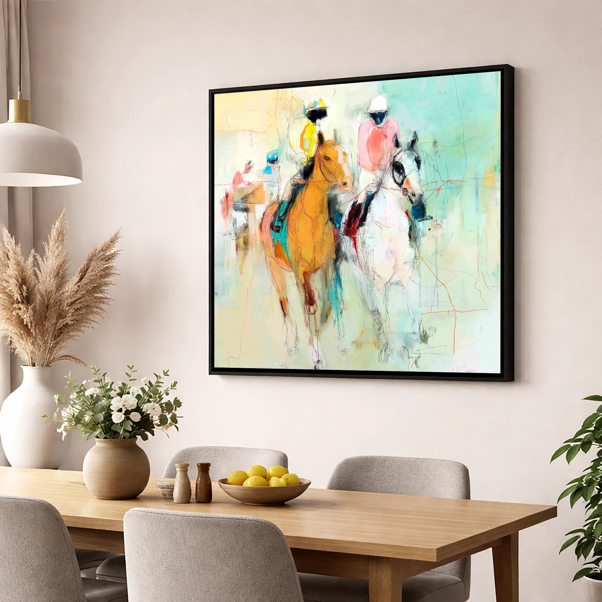 Echoes of the Turf racing horse wall art displayed in a dining room