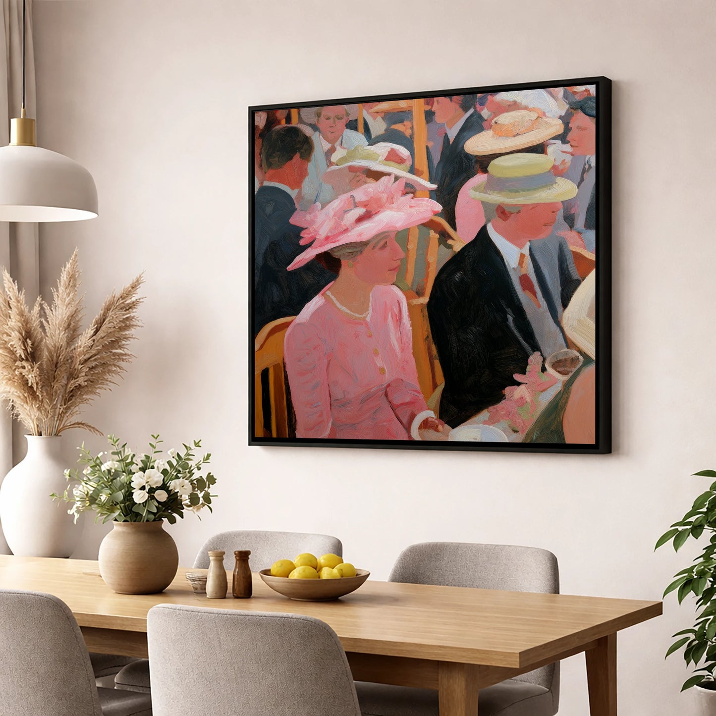 Summer Meet Elegance racing horse wall art displayed in a dining room