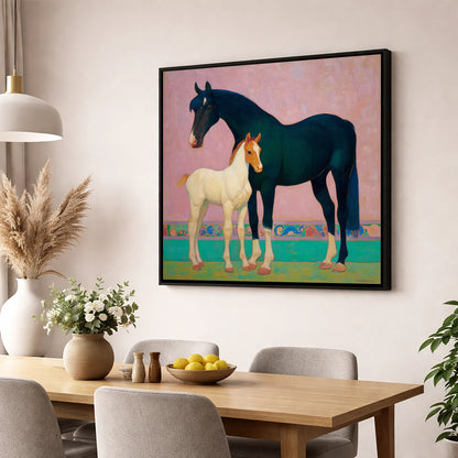 Midnight Mare and Foal mare & foal wall art displayed in a dining room