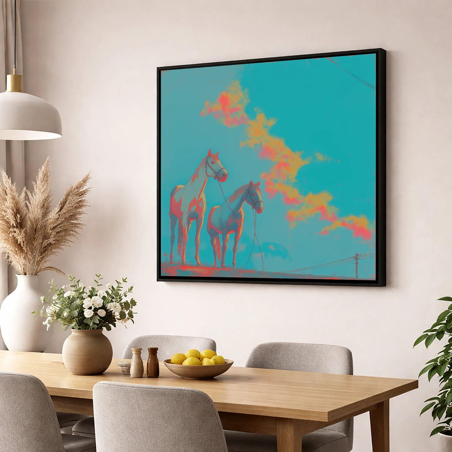 Electric Cyan Skies horse landscape wall art displayed in a dining room