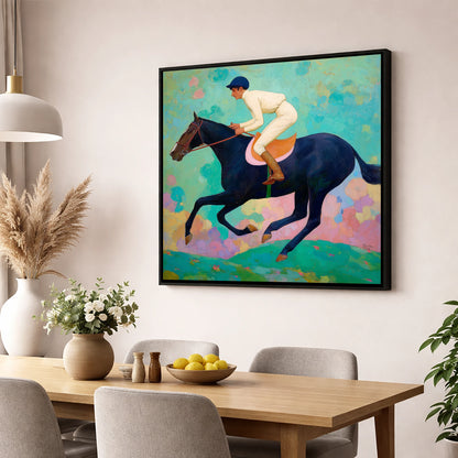 The Indigo Gallop racing horse wall art displayed in a dining room