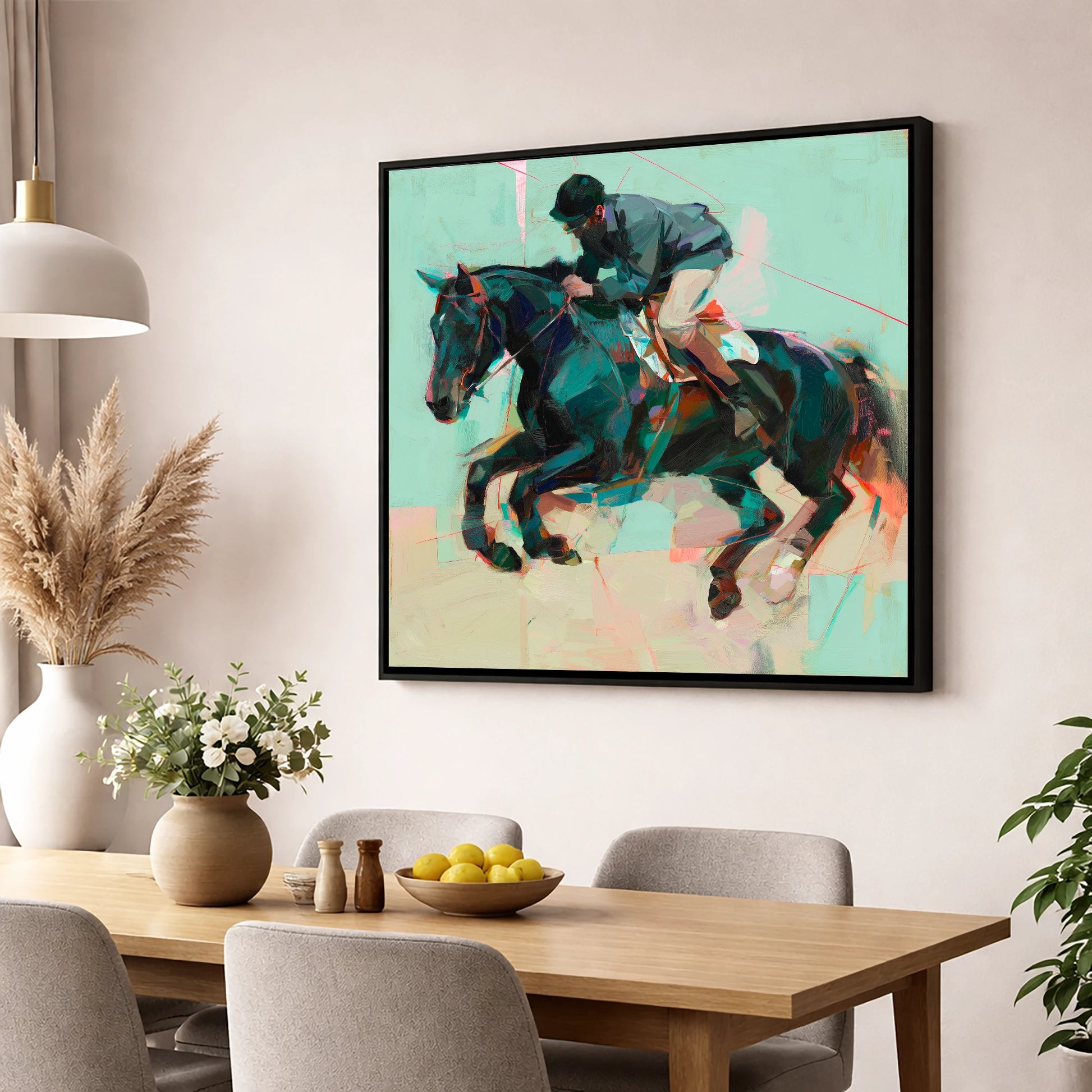 Modern Showjumper show jumping horse wall art displayed in a dining room