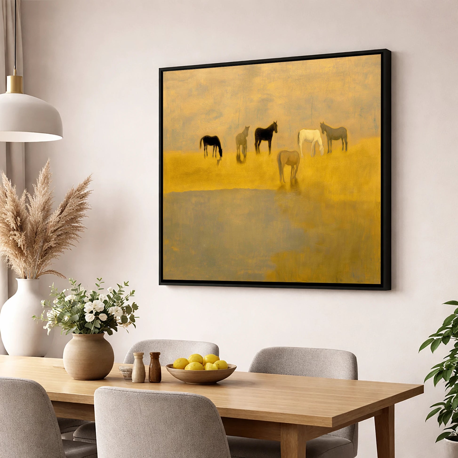 Golden Haze Grazing wild horses wall art displayed in a dining room