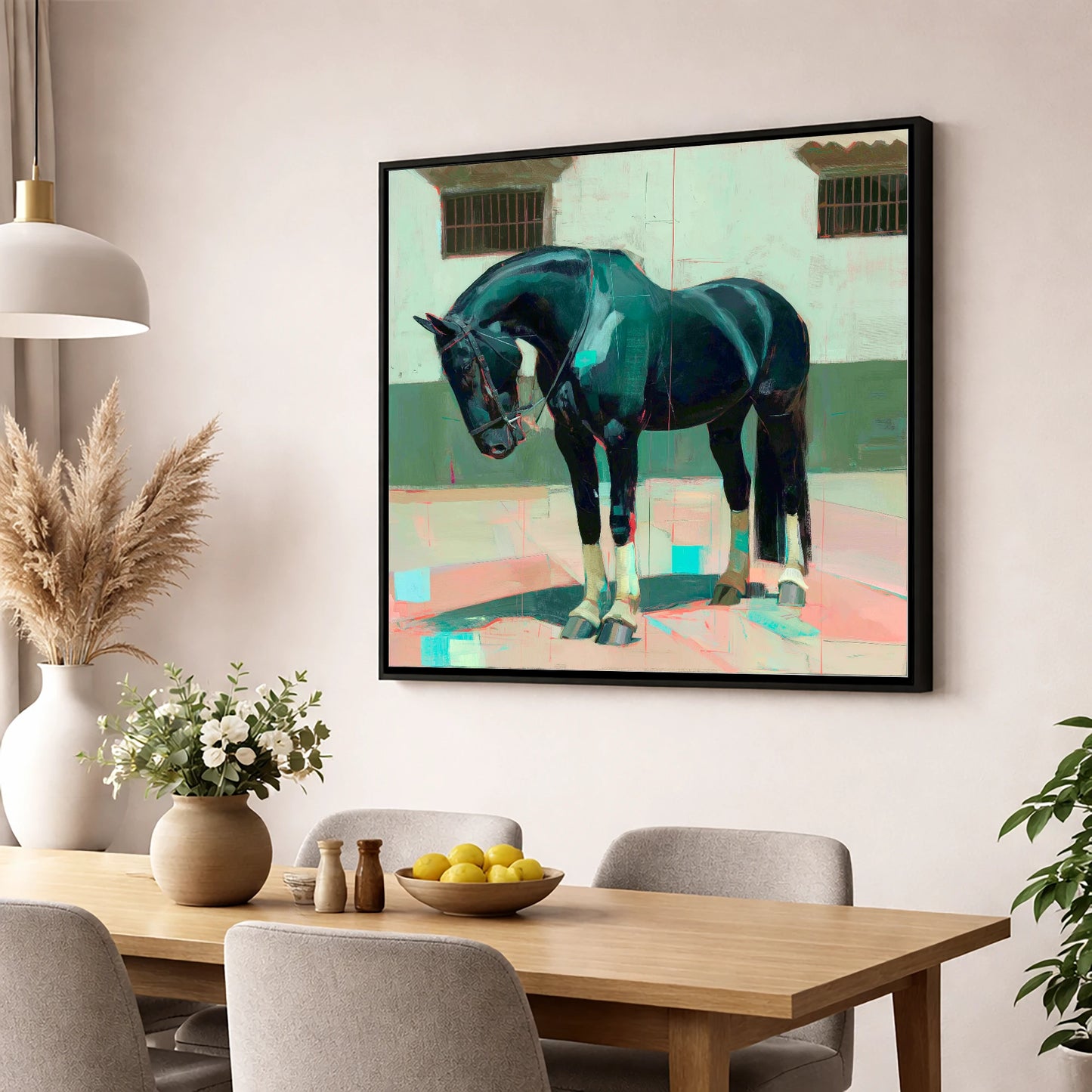 Midnight Silhouette Study horse breed wall art displayed in a dining room
