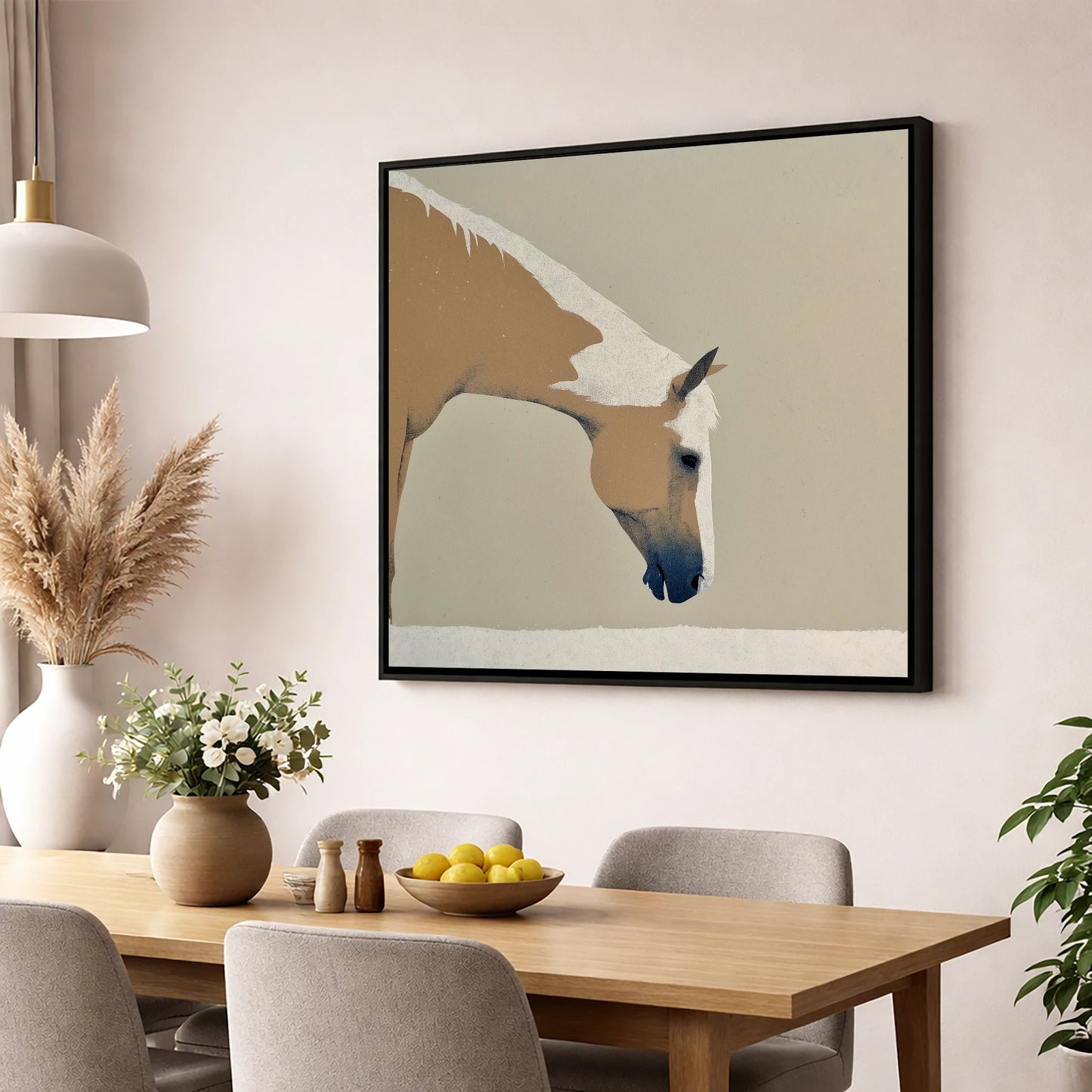 Serenity in Tan and Cream horse portrait wall art displayed in a dining room