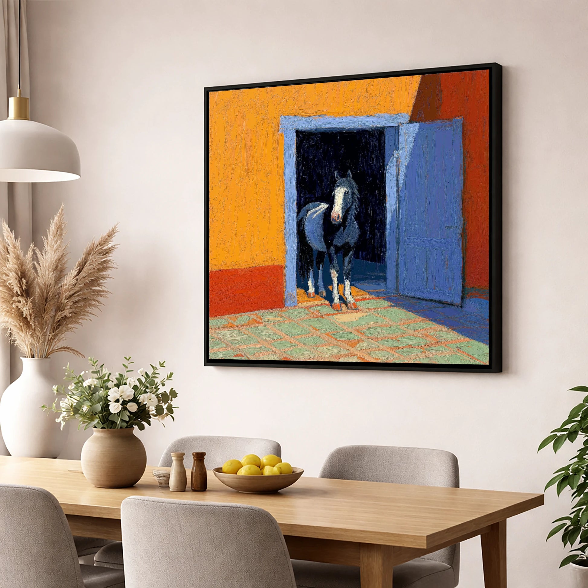 Sunlit Stable Doorway horse stable wall art displayed in a dining room