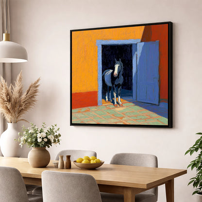 Sunlit Stable Doorway horse stable wall art displayed in a dining room