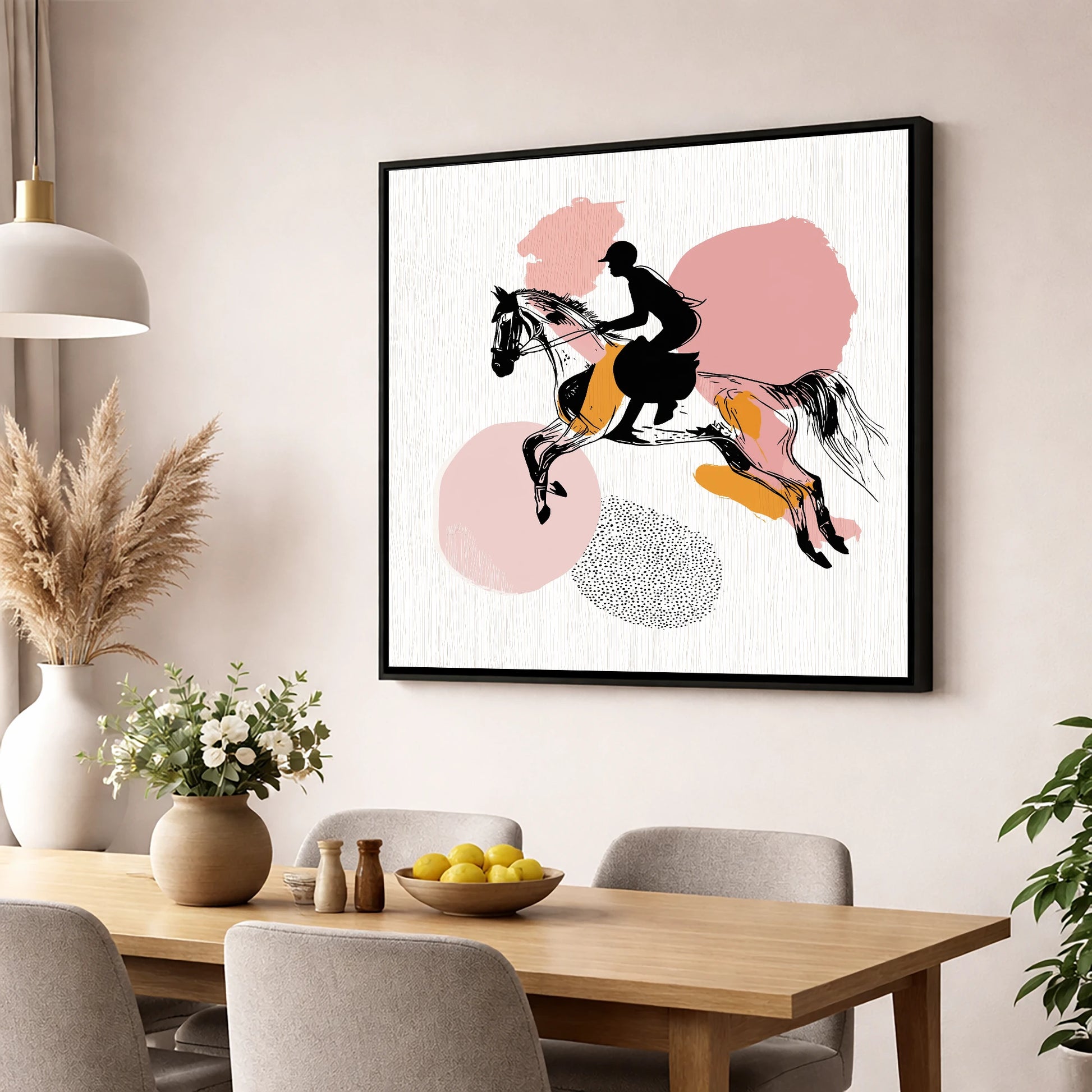 Abstract Equine Flight show jumping horse wall art displayed in a dining room