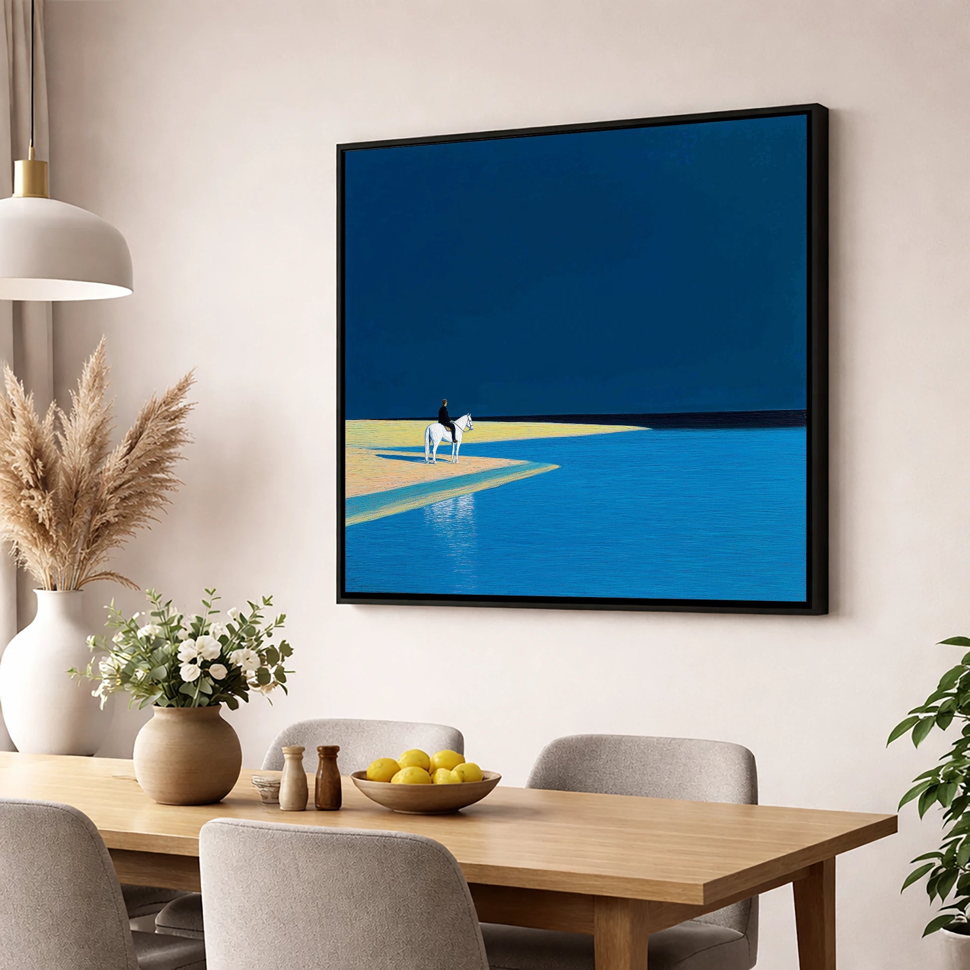 Edge of the Azure beach horse wall art displayed in a dining room