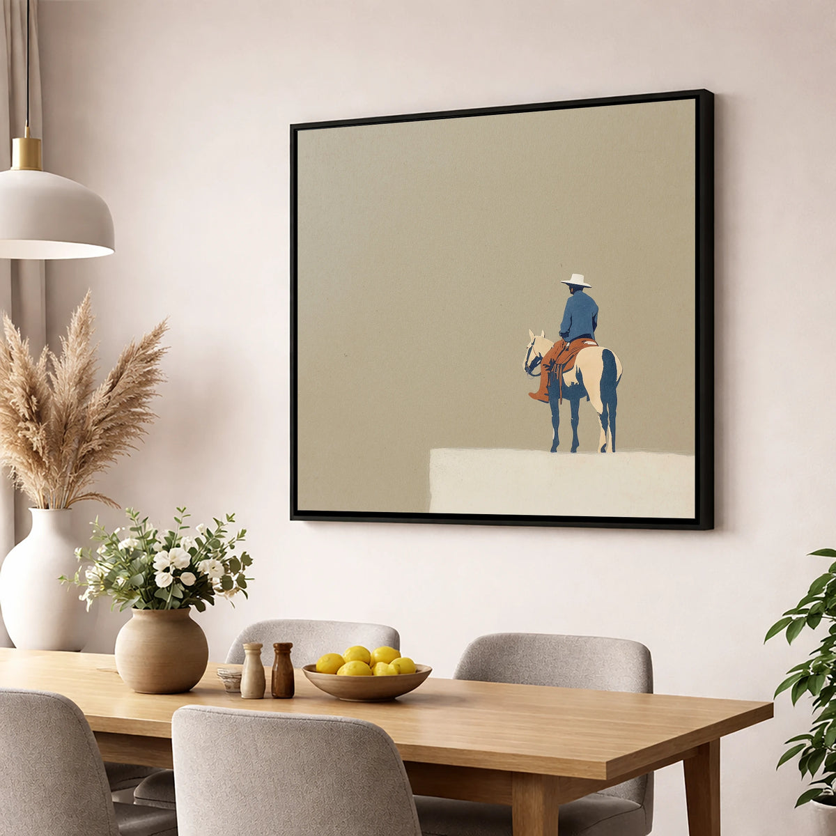 Western Rider on Paint Horse western horse wall art displayed in a dining room